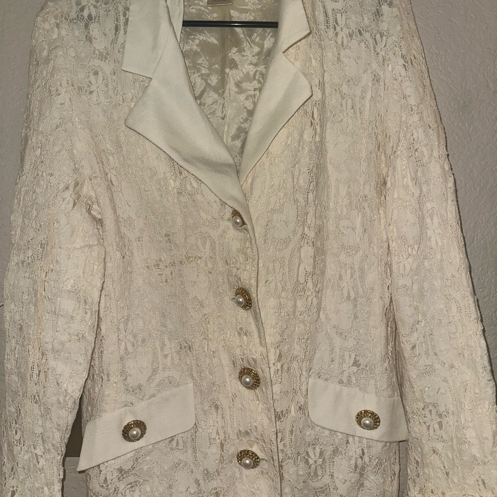 Cream Blazer with Notched Lapel and Textured Fabric